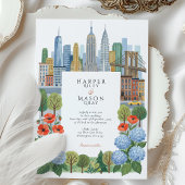 Artistic NYC Skyline Blue Hydrangea Red Poppy Wedd 招待状