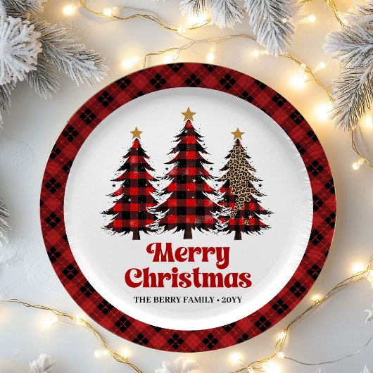 Artistic Plaid Christmas Tree Custom Name Paper   ペーパープレート