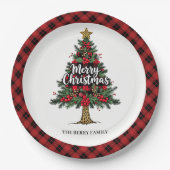 Artistic Plaid Tree Holiday Custom Name Paper Plat ペーパープレート (正面)