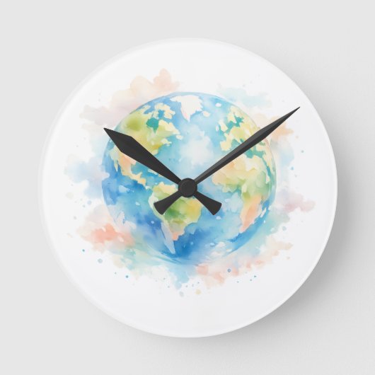 Artistic Watercolor Globe Wall Clock ラウンド壁時計 (正面)