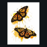 Artistic Watercolor Monarch Butterfly Nature Art ポスター<br><div class="desc">The design features two vibrant monarch butterflies in mid-flight, rendered with artistic paint splatters in warm shades of orange and yellow. This nature-inspired graphic captures the delicate elegance of spring wildlife. It makes a wonderful gift for gardeners, entomology enthusiasts, nature lovers, or anyone who appreciates the symbolism of freedom and...</div>