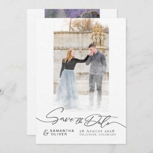 Artistic White Boho Minimal Save the Date Card 招待状 (正面/裏面)