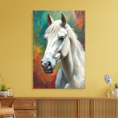 Artistic White Horse Portrait Vibrant Oil Painting キャンバスプリント (インサイチュ (リビング))