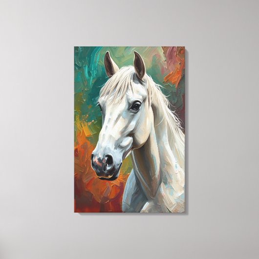 Artistic White Horse Portrait Vibrant Oil Painting キャンバスプリント (正面)