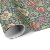 Arts and Crafts Navy Blue Pomegranate Floral ラッピングペーパー (ロールコーナー)