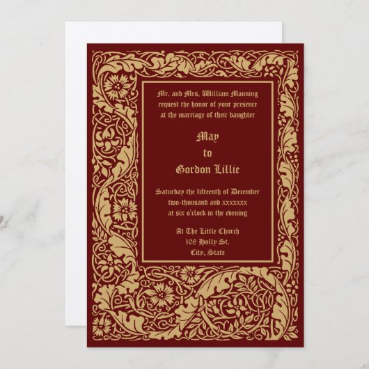 Arts & Crafts Style 1905 Floral Foliage Wedding 招待状 (正面/裏面)