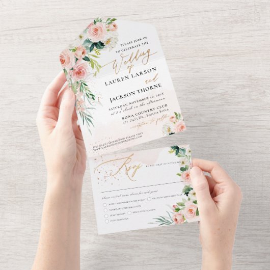 ArtsAppエレガント赤面ピンクローズ金ゴールドダスト オールインワン招待状 (貼ってはがせる)