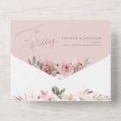 ArtsAppエレガント Dusty Pink Roses、バラ金ゴールドダスト オールインワン招待状 (裏面)