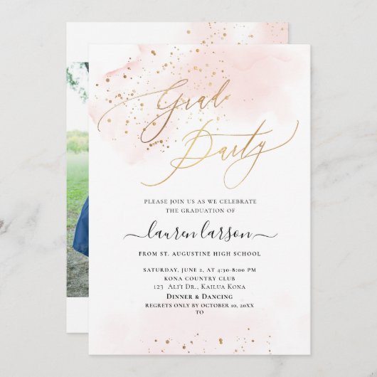 ArtsApp赤面ピンクH2洗い卒業パーティー 招待状 (正面/裏面)