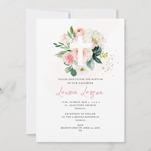 ArtsApp エレガント H2ピンク淡い色のバラ洗礼 招待状 (正面)