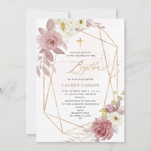 ArtsApp エレガント H2 ダスティ ピンク ローズ 洗礼 招待状 (正面)