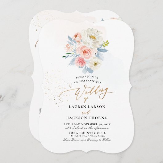 ArtsApp H2ほこりっぽいブルー赤面ピンクボタニカル 招待状 (正面/裏面)