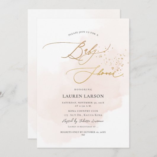 ArtsApp H2赤面ピンク金ゴールド書道赤ちゃんシャワー 招待状 (正面/裏面)