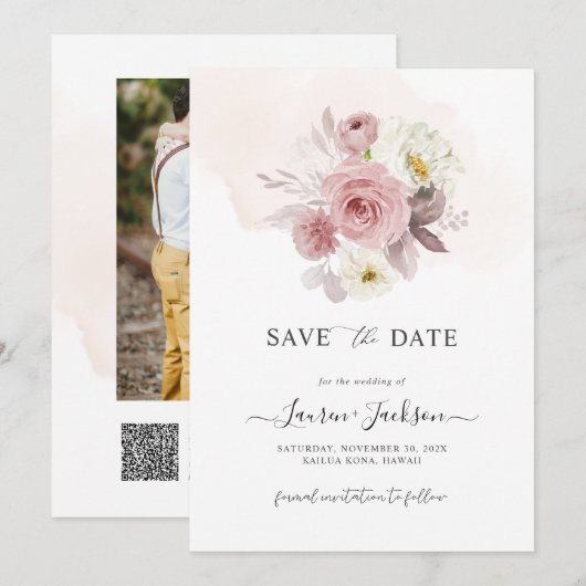 ArtsApp H2 Dusty Pink Roses Save the Date Card 招待状 (正面/裏面)