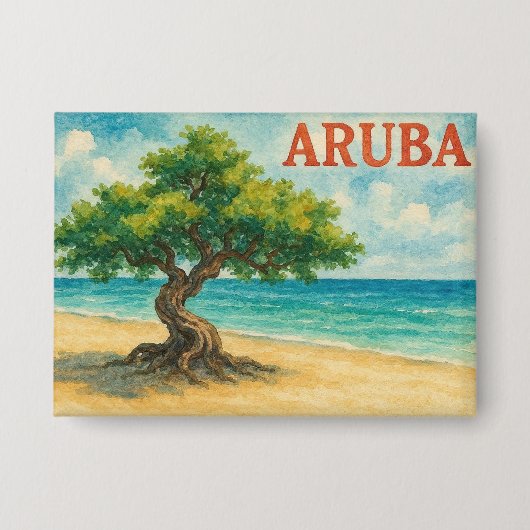 Aruba Divi Tree Eagle Beach watercolor 缶バッジ (正面)