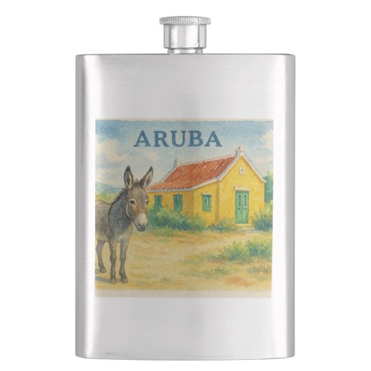 Aruba Donkey and Cunucu House Watercolor フラスク (正面)