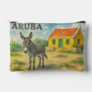 Aruba Donkey with Yellow Cunucu house watercolor アクセサリーポーチ