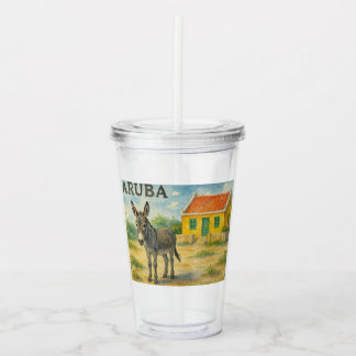 Aruba Donkey with Yellow Cunucu house watercolor アクリルタンブラー
