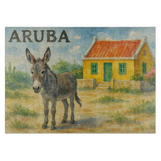 Aruba Donkey with Yellow Cunucu house watercolor カッティングボード
