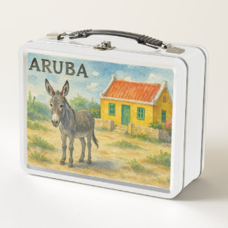 Aruba Donkey with Yellow Cunucu house watercolor メタルランチボックス