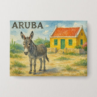 Aruba Donkey with Yellow Cunucu house watercolor 缶バッジ