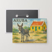 Aruba Donkey with Yellow Cunucu house watercolor 缶バッジ (正面/裏面)