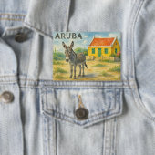 Aruba Donkey with Yellow Cunucu house watercolor 缶バッジ (インサイチュ)