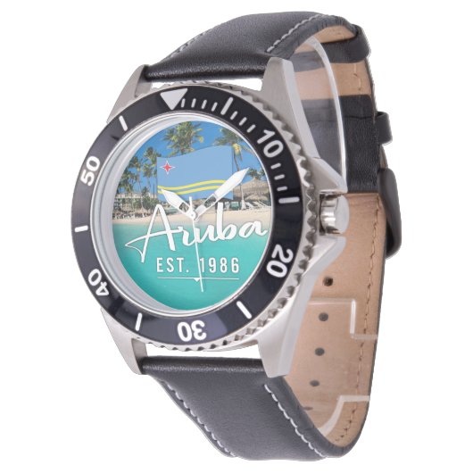 "Aruba Est. 1986" Beach With Flag 腕時計 (アングル)