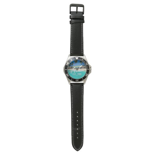 "Aruba Est. 1986" Beach With Flag 腕時計 (フラット)