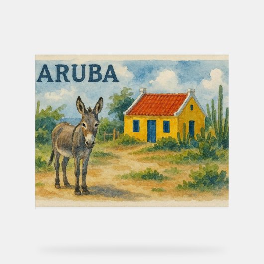 Aruba Yellow Cunucu house with donkey watercolor アクリルサイン (正面)