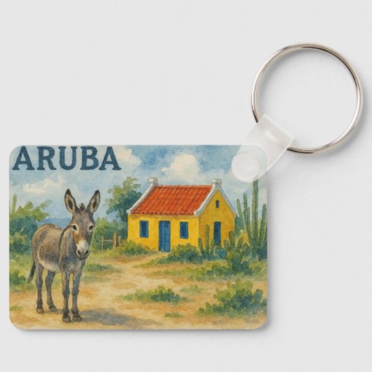 Aruba Yellow Cunucu house with donkey watercolor キーホルダー (正面)
