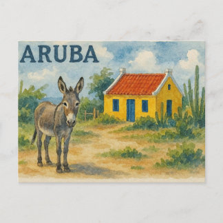 Aruba Yellow Cunucu house with donkey watercolor ポストカード
