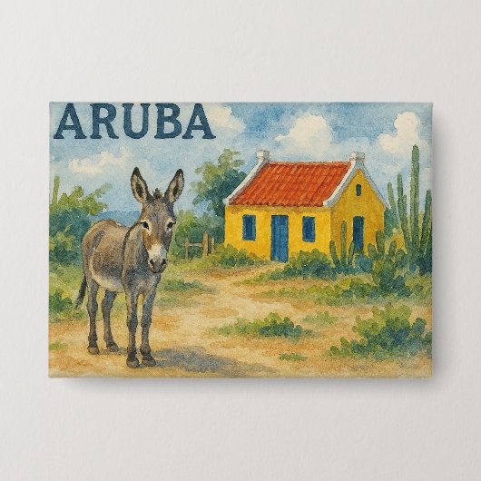 Aruba Yellow Cunucu house with donkey watercolor 缶バッジ (正面)