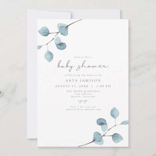 ARYAユーカリ素朴プタスグリーンベイビーシャワー 招待状 (正面)