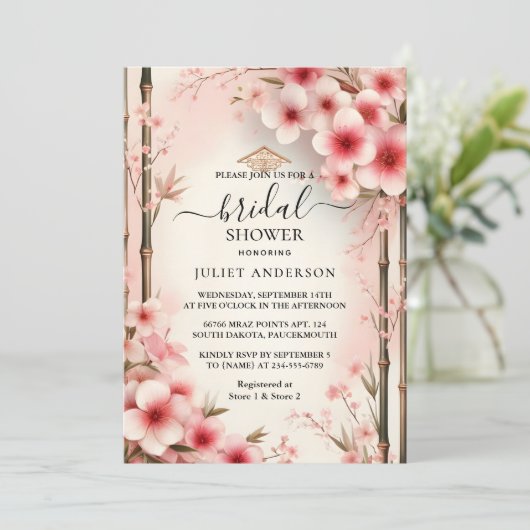 asバンブーピンク桜さくらんぼブロッサムブライダルシャワー 招待状 (スタンド正面)