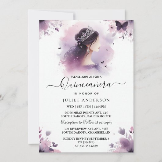 as金ゴールド王室のティアラ薄紫ライトパープルキンセアニェラ 招待状 (正面)