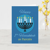 As Parents First Hanukkah(ユダヤ教)メノラー on Dark Blue カード (黄色い花)