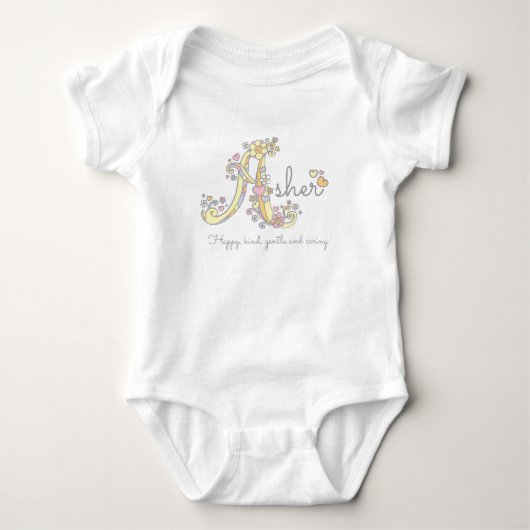 Asher 女の子の名前 デコレーション カスタム メッセージ ベビーボディスーツ (正面)