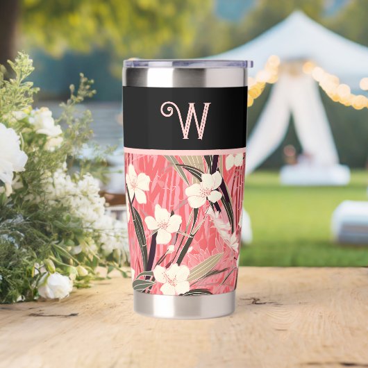 Asian Floral Pink Peach White Chinoiserie Monogram 保温保冷タンブラー (ウェディング)