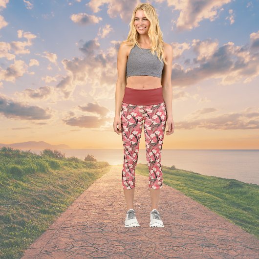 Asian Floral Print Pink Peach White Chinoiserie カプリレギンス