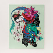 Asian Geisha Dragon Cherry Blossoms Blue ジグソーパズル (縦)