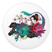Asian Geisha Dragon Cherry Blossoms Blue セラミックノブ (正面)