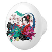 Asian Geisha Dragon Cherry Blossoms Blue セラミックノブ (右)