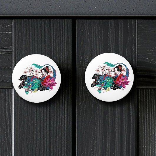 Asian Geisha Dragon Cherry Blossoms Blue セラミックノブ