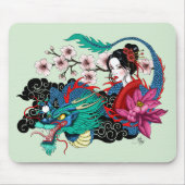 Asian Geisha Dragon Cherry Blossoms Blue マウスパッド (正面)