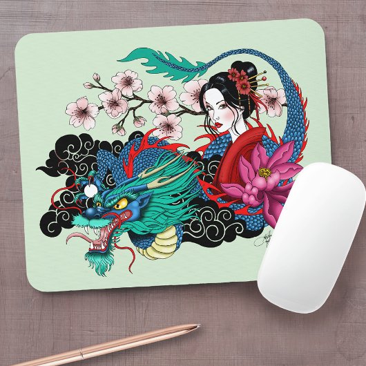 Asian Geisha Dragon Cherry Blossoms Blue マウスパッド