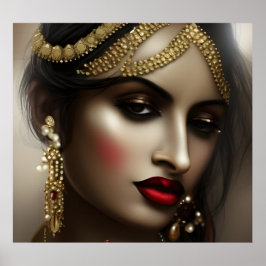 Asian Indian woman Red Lips gold glamorous ポスター