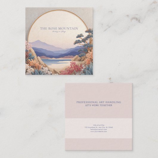 Asian Landscape Gold Circle Floral Serene スクエア名刺 (正面/裏面)
