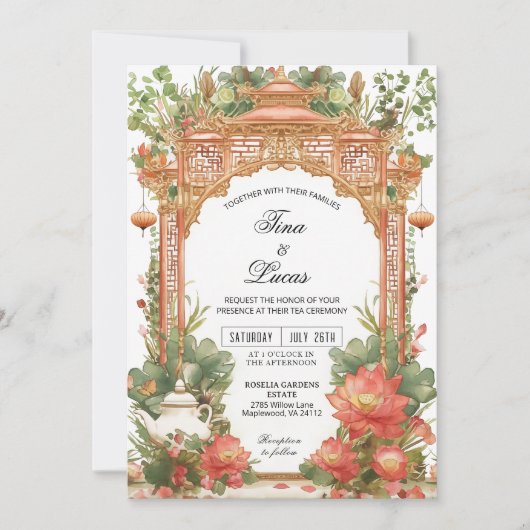 Asian Lotus Tea Ceremony Wedding Invitation 招待状 (正面)