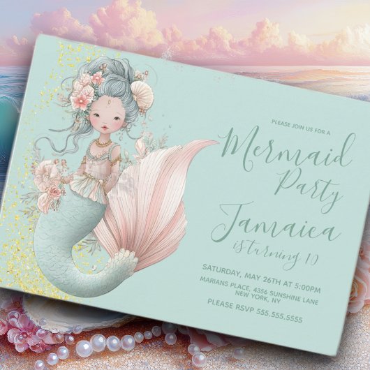 Asian Mermaid Beach Birthday Party  招待状